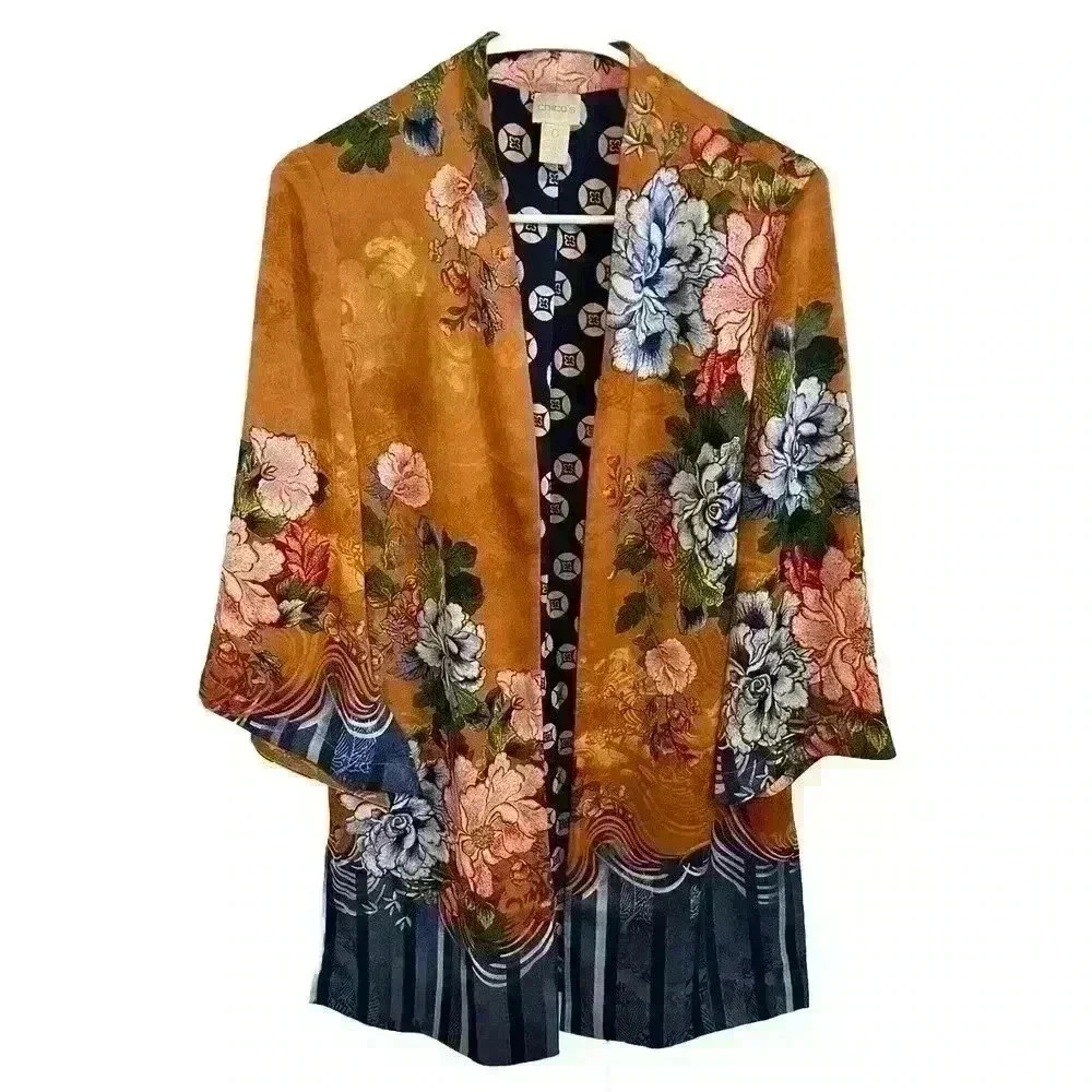 Chicos Drama Printed Kimono Sz 0 Small Floral Open Front Bell Sleeves Cardigan